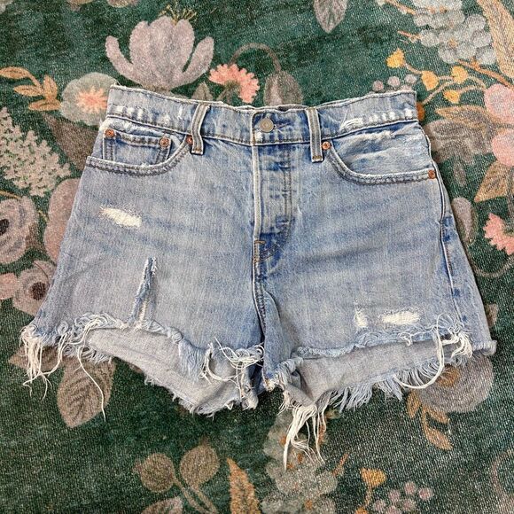 Levi's Jean Shorts Womens Size 27 Blue Denim High Rise Wedgie Distressed Cut Off - Picture 8 of 13